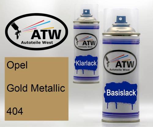 Opel, Gold Metallic, 404: 400ml Sprühdose + 400ml Klarlack - Set, von ATW Autoteile West.